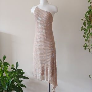 TAUPE IRIDESCENT SEQUIN & BEAD ONE SHOULDER DRESS